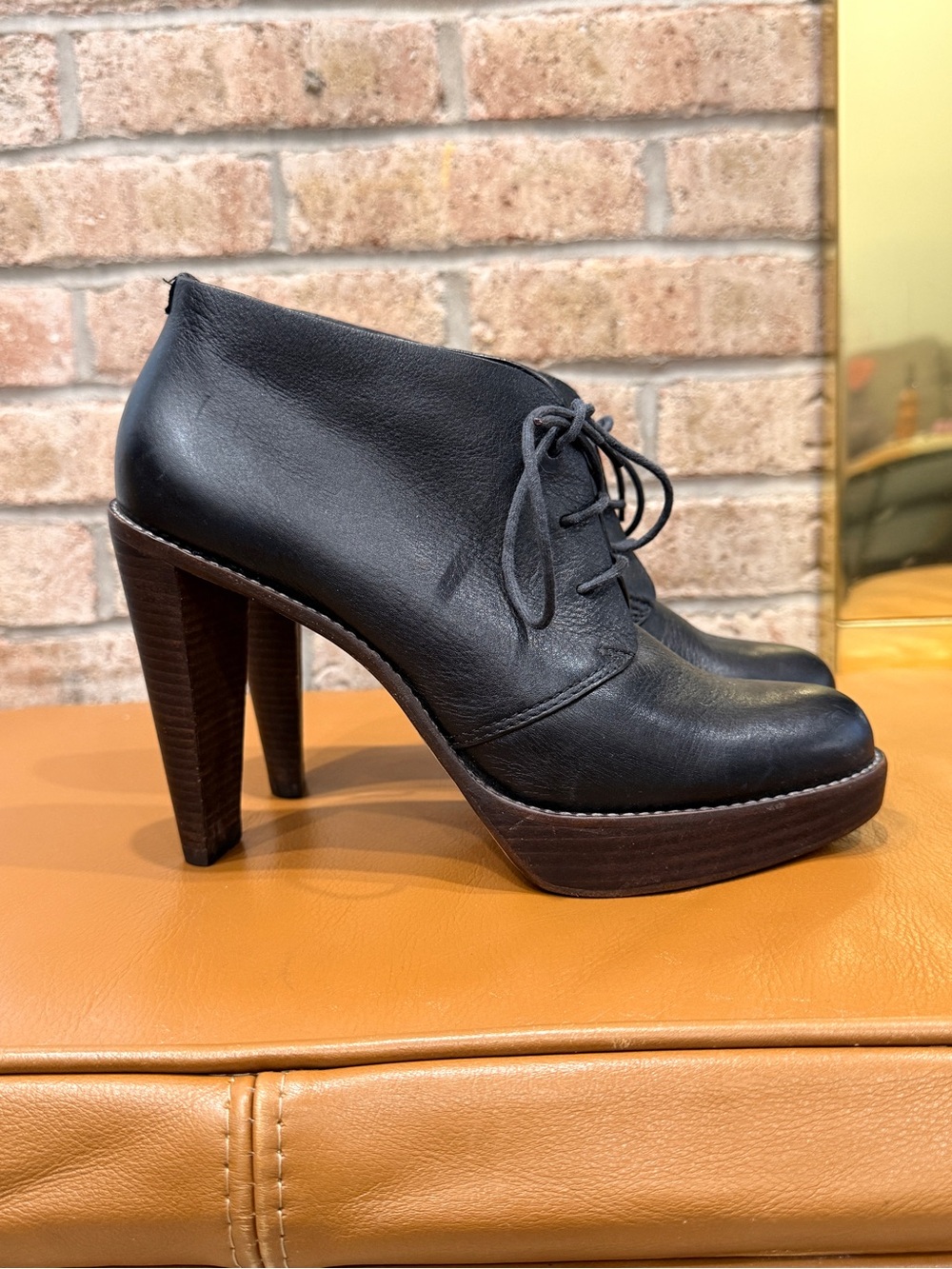 Cole Haan Nike Black Leather Lace-Up Platform Heeled Booties
